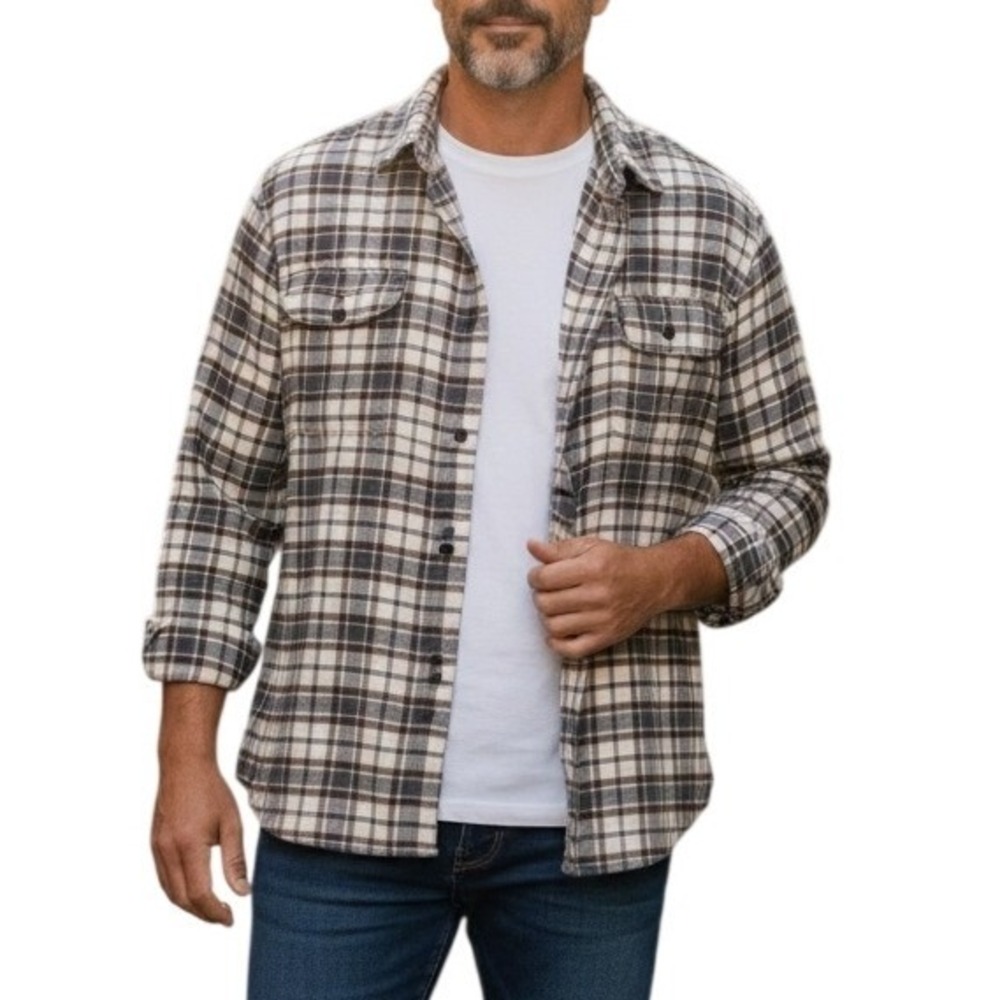 Jachs NY Plaid Flannel Shirt Long Sleeve Classic Brown & White Men Size‎ Large